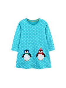 Blue polka dot girls long sleeve dress featuring cute penguin embroidery on white background