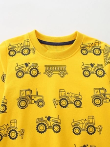 Boys' bright yellow crewneck sweatshirt featuring black tractor and machinery prints