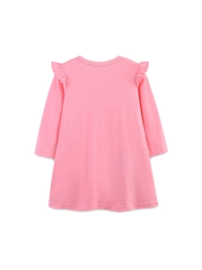 Pink long-sleeved girl's princess dress with ruffle shoulder detail and A-line silhouette