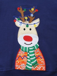 Boys navy blue Christmas reindeer sweatshirt with festive embroidery and colorful details