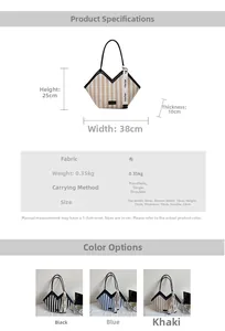 Detailed size parameters for striped canvas tote bag with 38cm width and logo strap