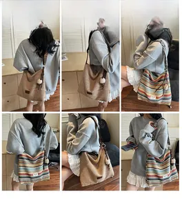 Model wearing woven straw bags in solid khaki and vintage colorful striped patterns