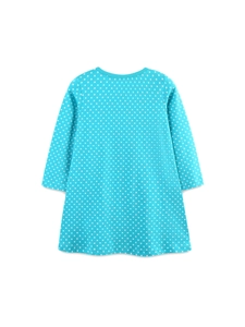 Polka dot long-sleeved girls' A-line dress in bright blue with white circular patterns