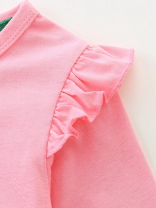 Pink girl's long sleeve dress featuring ruffle shoulder details and cotton knit fabric