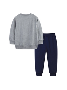 Ensemble haut à manches longues gris imprimé fusée et pantalon de jogging bleu marine