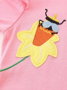 Pink long sleeve girls dress featuring a cute cartoon bee and flower embroidery