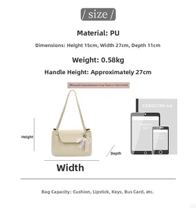 Size chart showing large capacity dimensions and PU leather details for the shoulder bag
