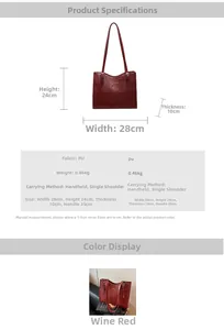 Detailed size chart for burgundy PU leather tote showing 28x24x10cm dimensions