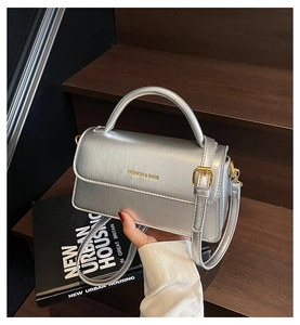 Detail view of metallic silver small square bag with golden buckle and logo