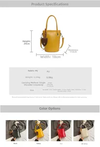 Size guide for retro bucket bag showing dimensions 20x18x11.5cm and color options