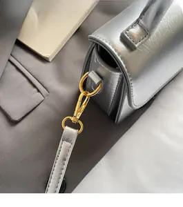 Detail shot of shimmering silver texture and gold metal hardware on the square handbag