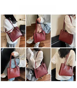 Deep burgundy leather tote bag with vintage texture shown in various wearing styles