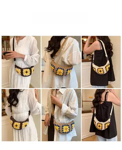 Detailed views of handmade crochet crossbody bags with floral sun flower patterns in soft tones