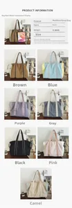 Detailed size specifications and color options for the lightweight nylon tote bag