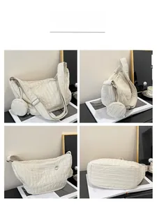Detailed views of a white pleated crossbody bag with adjustable strap and coin pouch