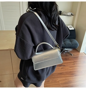 Silver vintage crossbody bag with gold lettering shown in a stylish lifestyle setting