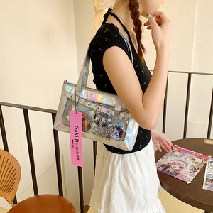 Silberne Laser-Glitzer Ita-Tasche mit Klarsichtfenster für Anime-Pins und Metallketten