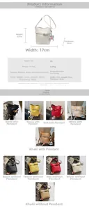 Detailed size chart and specifications for the PU leather bucket bag in various colors