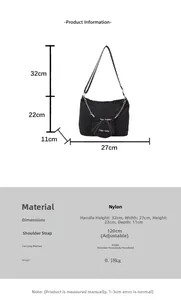 Size guide for large capacity nylon tote bag showing detailed product dimensions and weight