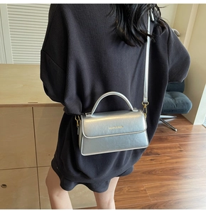 Silver square crossbody bag with gold hardware and FASHION & BAGS lettering detail