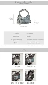 Detailed size chart for denim crossbody bag showing dimensions 20x15x9 cm with chain strap