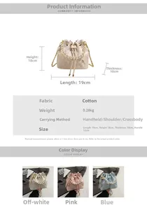 Detailed view showing dimensions and triple color options of the floral bucket bag