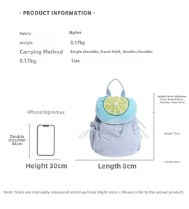 Detailed view of light blue nylon backpack dimensions and size comparison with smartphone