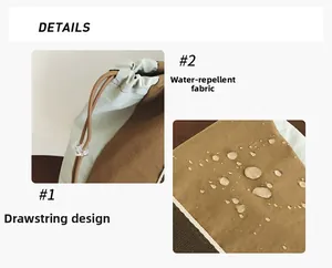 Detail of waterproof tote fabric and drawstring closure with high-quality splicing
