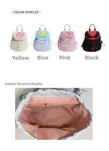 Detail view of colorful cartoon fruit drawstring backpack styles and interior zip pocket