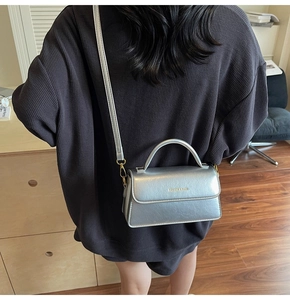 Rear view of model holding silver metallic crossbody bag with fashion lettering
