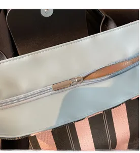Detail of silver metal zipper and pink striped canvas texture on the tote bag