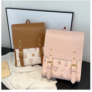 Gros plan de sacs à dos en cuir texturé vintage avec logos d'ours et boucles en métal