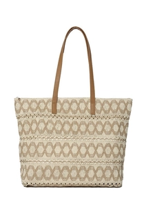 Large beige woven straw tote bag with brown leather handles for summer beach vacations
