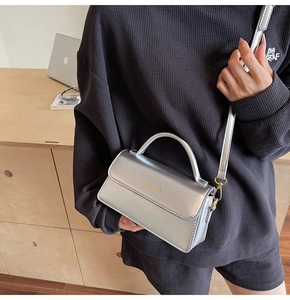 Silver metallic crossbody bag with metal ring handle and FASHION & BAGS print