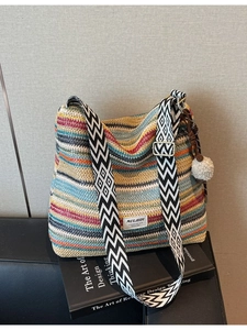 Bohemian Hand Woven Straw Crossbody Bag For Women Large Capacity Striped Beach Tote With Geometric Strap Plush Ball Pendant