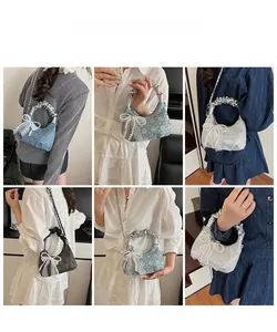 Detail shots of textured crossbody bags featuring lace bows, pearls, and chain straps