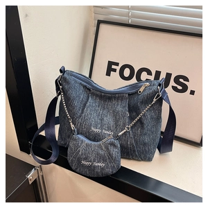 Detailed blue canvas tote and coin purse set with Happy Sunday text embroidery
