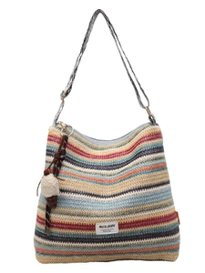 Handmade bohemian striped straw bag with colorful patterns and ice cream charm