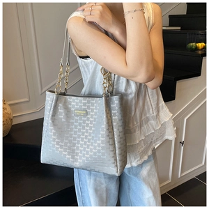 Détail du sac fourre-tout gris clair avec plaque dorée et bandoulière en chaîne