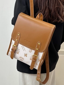 Sac à dos en cuir pour femme avec rabat marron et motif de dessin animé ours