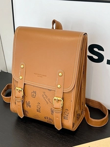 Sac à dos en cuir marron style britannique avec imprimés ours et boucle à rabat