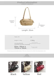 Size chart showing dimensions 30x15x10cm and material specs for the stylish PU shoulder bag