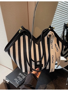 Women Striped Canvas Tote Bag Large Capacity Shoulder Underarm Bag With Decorative Ribbon Minimalist Fashion Shopping Bag