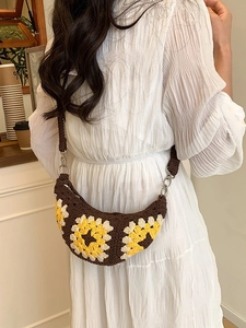 Bohemian brown crochet crossbody bag with yellow sunflower patterns for summer vacations