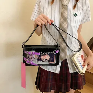 Détail du sac ita noir de style JK avec fenêtre transparente et sangles violettes