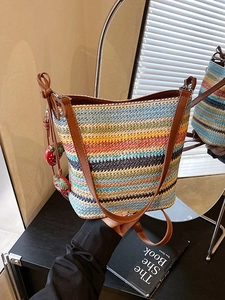 Women Colorful Stripe Woven Bucket Bag Fashion PU Leather Shoulder Bag Casual Summer Vacation Beach Crossbody Handbag With Strawberry Charm