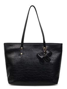Large black crocodile pattern tote bag with distinctive dog-shaped charm pendant