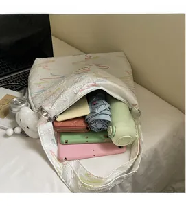 Internal view of a large white quilted tote bag showing its high capacity for daily items