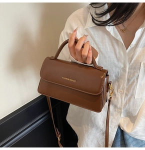 Close-up of vintage brown leather handbag with gold buckle and embossed fashion lettering