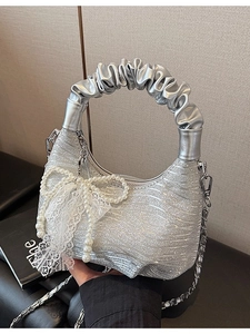 Women Pleated Denim Tweed Rhinestone Shoulder Bag With Artificial Pearl Lace Bow Silver Metal Chain Crossbody Hobo Bag for Travel